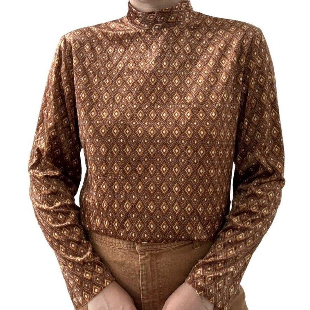 Vintage 1970s Womens Orange Velvet Le Gala Disco Retro MidMod Long Sleeve Blouse